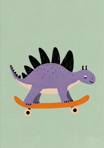 Kinderen geïllustreerde poster 30 x 42 cm Stegosaurus op skateboard Canvasprint zonder lijst Wanddecoratie staand