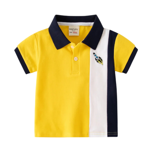 Kinderen jongens polo met kraag en raketmotief Korte mouw Katoenen T-shirt met gekleurde strepen en knopen tot halverwege