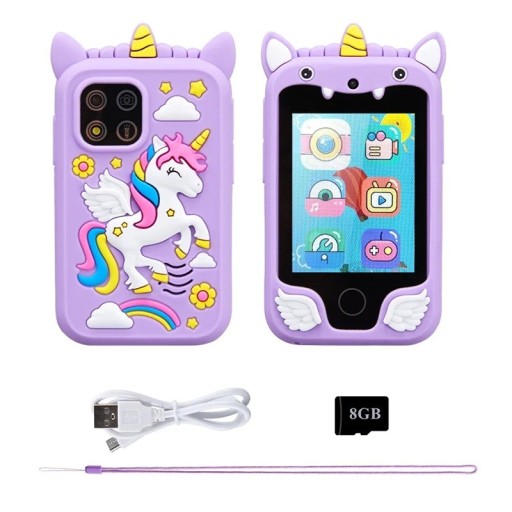 Kinderen slimme telefoon met een eenhoornmotief en 2,8" TFT-display met dubbele camera, MP3-speler, 10 spellen en een 8 GB geheugenkaart