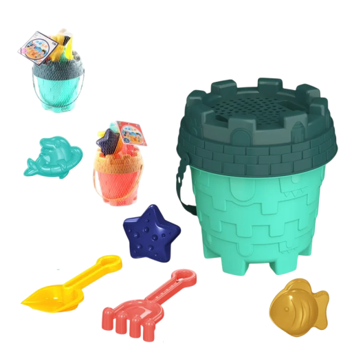 Kinderen strand speelgoed set 6 delen met emmer in de vorm van een kasteel 20x14 cm met vormpjes in willekeurige kleuren voor strand en zandbak