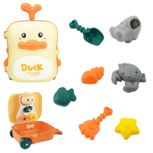 Kinderen strand speelgoed set in een rolkoffer in de vorm van een eend met een gietertje in de vorm van een nijlpaard, een schepje, harkjes en vormpjes voor de zandbak