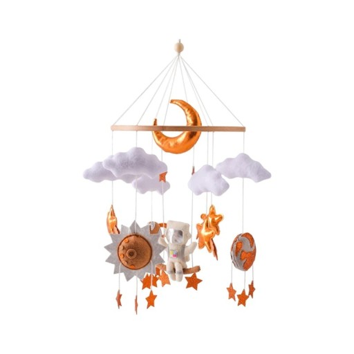 Kinderhangmobiel in oranje kleur om boven het bedje te hangen, met astronautmotief, voor kalmering, ideaal voor de slaap van de baby