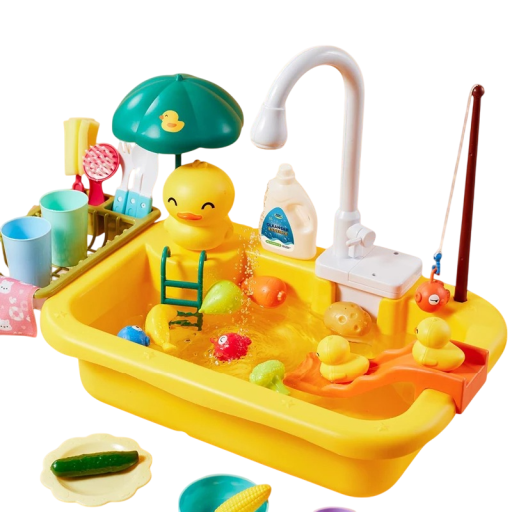 Kinderküchenspüle 51 x 30 x 33 cm, elektrischer Geschirrspüler, Spielzeug mit fließendem Wasser, gelbe Ente, Angeln, Essen, Rollenspiel, Geschenk