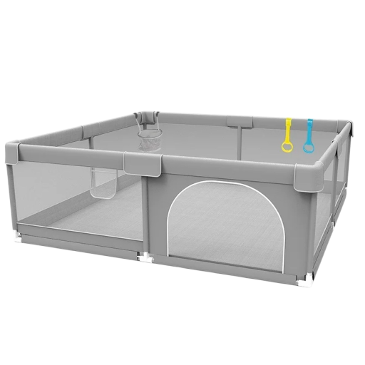 Kinderlaufstall 1,5 x 1,5 m Hellgrau Corralito Sicherheitsbarriere mit Zugring und Ball Kleinkinderlaufstall Kinderspielplatz zu Hause