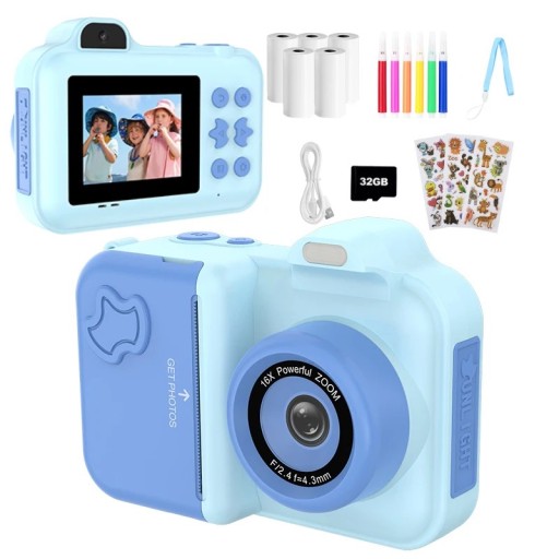 Kinderpolaroid met zwart-wit fotoafdrukken, 16-voudige zoom, ingebouwde flitser en video met Type-C opladen en 32 GB geheugenkaart