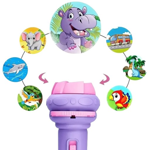 Kinderprojector 11,5 x 3,5 cm met 10 kaarten en 80 patronen Plastic projector op batterijen 3 knoopcelbatterijen Inclusief