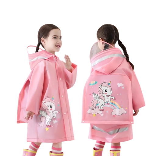 Kinderregenjas met capuchon reflecterende elementen nylon bescherming tegen regen sluiting met drukknoopjes buitengebruik kleuterschool wandelingen