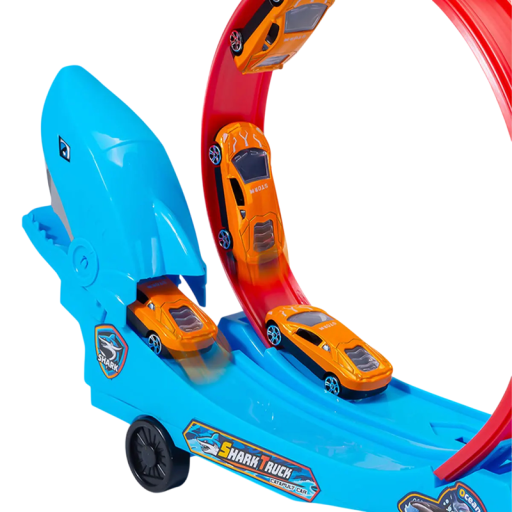 Kinderschwimmende Haifisch-Autobahn mit 4 Autos, aus Kunststoff, Autos in zufälligen Farben, unterhaltsame Bahn für Kinder