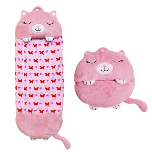 Kinderslaapzak pluche roze kat 135 × 50 cm katoen dons konijnenbont rits over de hele lengte dierenhoes om in te slapen