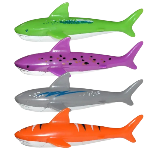 Kinderspeelgoed voor het zwembad in de vorm van een haai set van 4 stuks in groene, paarse, grijze en oranje kleur voor waterplezier en zwemmen