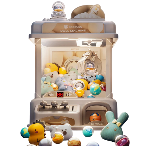 Kinderspielautomat im Weltraumdesign mit Lichtern, Planeten, Kapseln, Plüschfiguren, Steuerhebeln, Timer und Greifarm