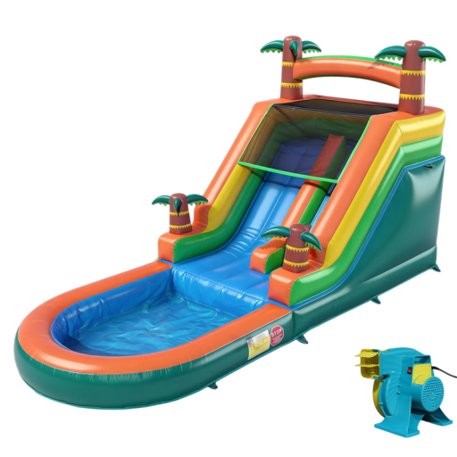 Kinderspielzeug aufblasbare Rutsche mit Pool und Palmen für Wasser- und Trockeneinsatz 6,4 x 2,8 x 3,7 m mit Gebläse, Befestigungsheringen, Seilen und Wasserschlauch