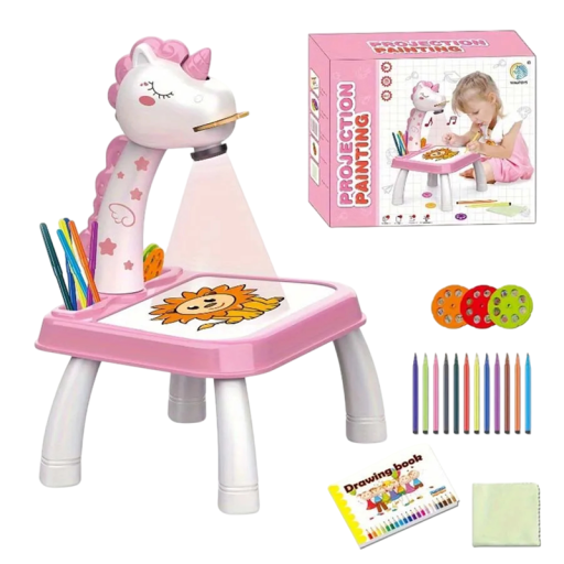 Kindertafel met projector en muziek en een afwasbaar tekenbord, 31,5 x 24,5 x 37 cm, roze, voor kinderen vanaf 3 jaar met een eenhoornmotief