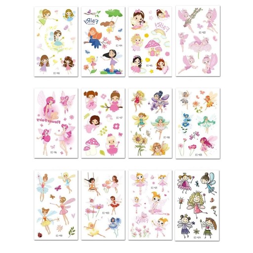 Kindertattoo Feen Set 12 Blätter farbige Tattoo-Aufkleber für Kinder temporäre Tattoos mit Feen-, Blumen- und Märchenmotiven