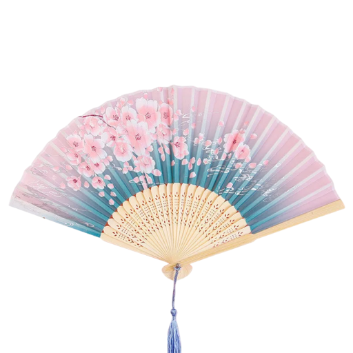 Kinesisk foldbar bambusvifte til kvinder, 21 cm, blå-pink design med lyserøde blomster. Traditionel vægdekoration og praktisk afkøling.