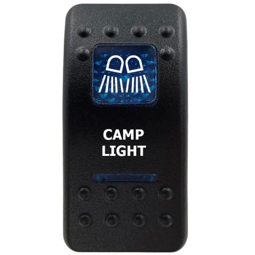 Kippkontakt CAMP LIGHT enkeltpoleret kontakt 12V vandtæt med blåt LED-baggrundsbelysning sort lyskontrol til både og campingvogne