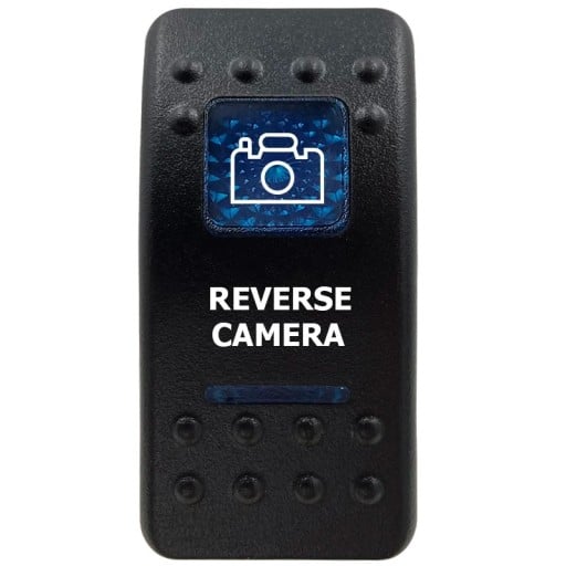 Kippkontakt REVERSE CAMERA enpolig 12V vandtæt kontakt til bakkamera med blåt LED-baggrundsbelysning sort til biler og campingvogne