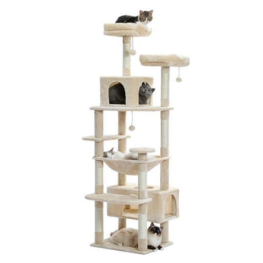Kissatorni ja raapimispuu 184x53x43 cm Monitasoinen puu kissoille Keinuverkko Sisal-raapimispuut Pehmustetut petipaikat Asunnot ja pesät