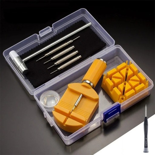 Kit completo de reparación de relojes en caja de plástico con martillo, extractor de pasadores, porta correas y agujas para acortar eslabones.