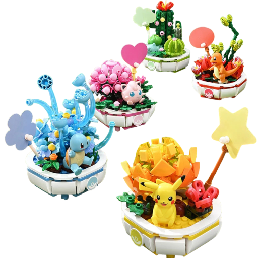 Kit de construcción Pokémon con flores Kit de construcción Pokémon Decoración creativa para el hogar Pikachu, Charmander, Jigglypuff, Squirtle, Bulbasaur Flor sobre pedestal con Pokémon 13 x 9 x 9 cm, 5 uds.