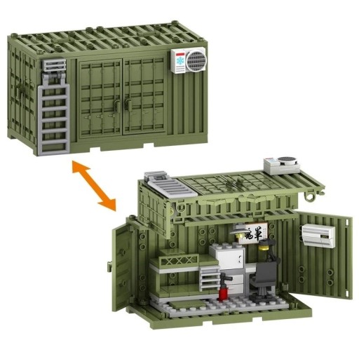 Kit de construction conteneur militaire 93 pièces Boîte verte ouvrante avec bureau équipé de meubles et décoration miniature détaillée