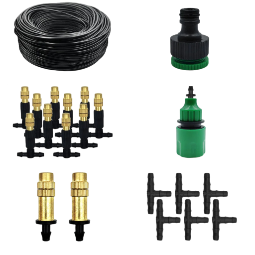 Kit de nebulización Manguera de PVC de 20 m Boquillas de latón Acoplamientos y conectores Sistema de refrigeración por agua para jardín