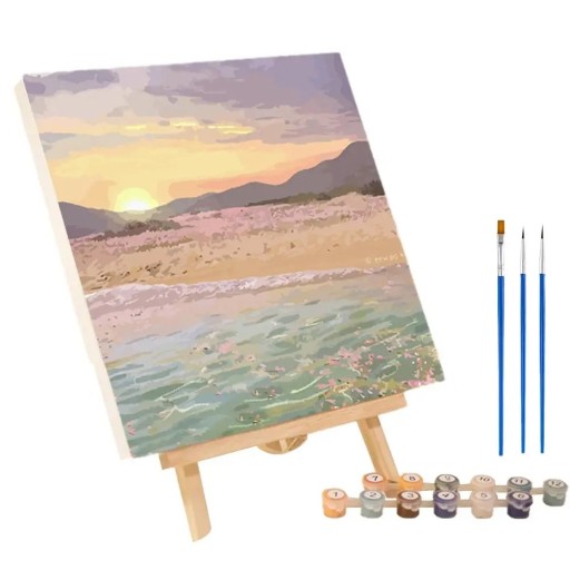 Kit de peinture par numéro 20x20 cm Coucher de soleil sur la mer et les montagnes Peintures acryliques Toile Pinceaux Art pour la décoration