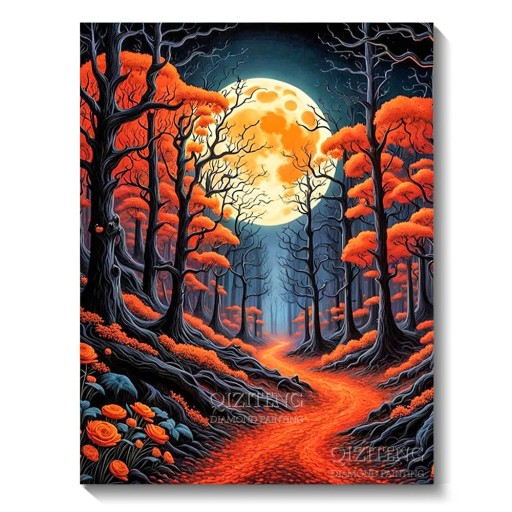 Kit de pintura de diamante 5D de 30 x 40 cm con diseño de bosque lunar y naranjos, paisaje nocturno, bordado de mosaico, decoración de pared con diamantes de imitación.