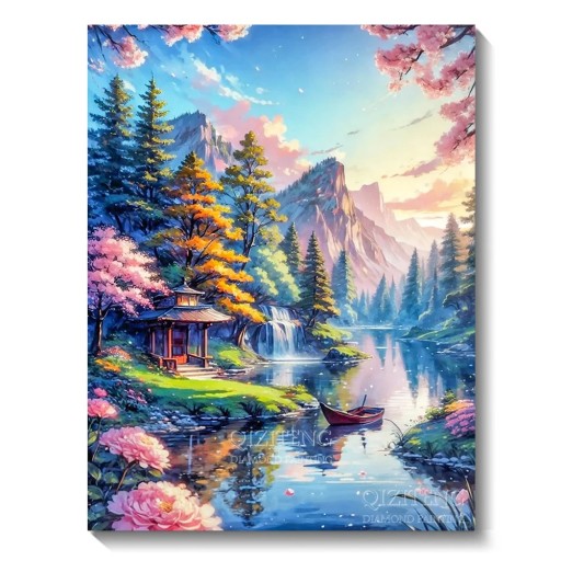 Kit de pintura de diamante 5D de 30 x 40 cm con paisaje japonés con estanque y pagoda, bordado de mosaico, diamantes de imitación redondos, decoración relajante.