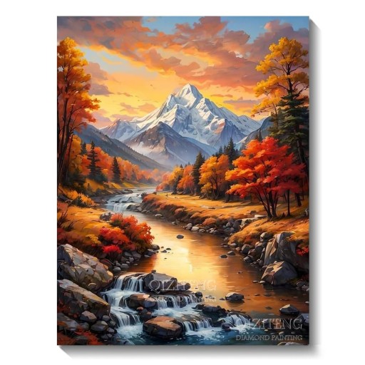 Kit de pintura de diamante 5D de 30 x 40 cm, paisaje de montaña otoñal con río, mosaico bordado, diamantes de imitación redondos, decoración hecha