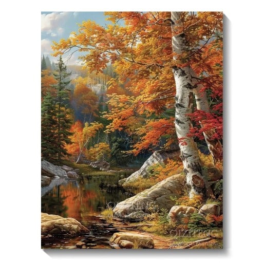 Kit de pintura de diamantes 5D de 30 x 40 cm con diseño de bosque otoñal con abedul y estanque, bordado de mosaico, diamantes de imitación redondos