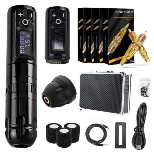 Kit de stylo de tatouage sans fil noir avec moteur sans noyau 2400 mAh et autres accessoires Kit complet de tatouage avec 80 pièces de cartouches de tatouage de différentes tailles pour débutants et professionnels Stylo de tatouage silencieux et puissant avec écran LED et cartouches de tatouage pour lignes et ombrage 14,8 x 3,2 cm Kit de stylo de tatouage sans fil noir avec moteur sans noyau 2400 mAh et autres accessoires Kit complet de tatouage avec 80 pièces de cartouches de tatouage de différentes tailles pour débutants et professionnels Stylo de tatouage silencieux et puissant avec écran LED et cartouches de tatouage pour lignes et ombrage 14,8 x 3,2 cm