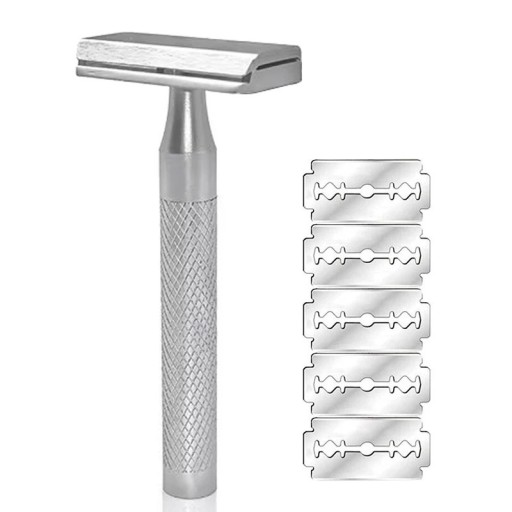 Klassisk herrebarbermaskine til barberblade Dobbelt skær 5 blade Rustfrit stål Ribbede håndtag Sølv Til barbering af skæg og ansigt