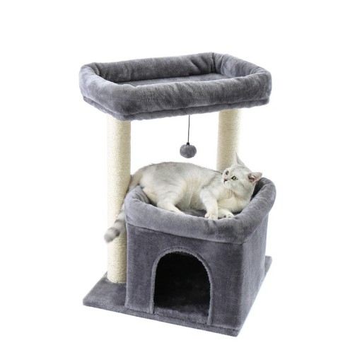 Klein kattenkrabpaal hoogte ca. 69 cm basis 48 x 48 cm met huisje en sisalpalen zachte pluche voor 2 katten in huis en om te rusten