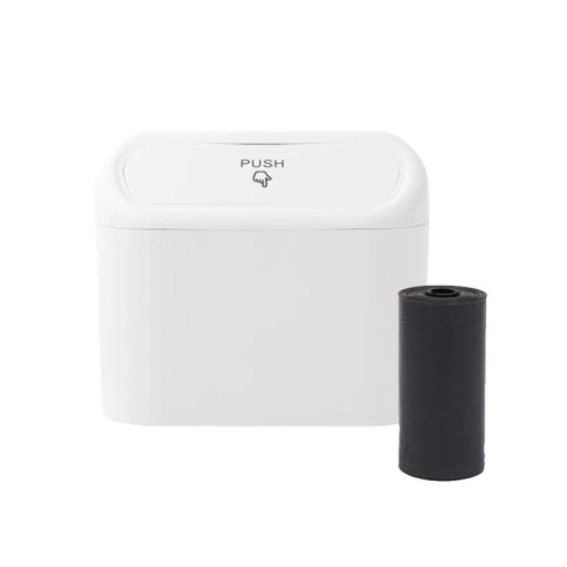 Kleine auto-prullenbak met deksel 15,5 x 14 cm Lekvrij ABS auto-accessoire met 1 rol zakken Compacte opbergcontainer