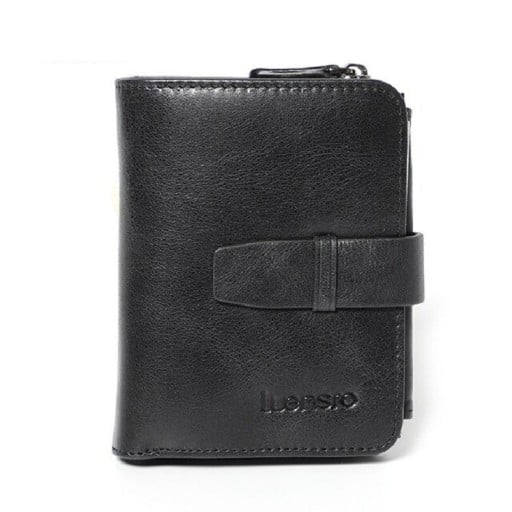 Kleine Damenbörse aus echtem Leder mit Reißverschluss am Rand und einem Verschlussriemen Kompakte Maße 12 x 9 x 2 cm Vintage-Look mit feiner