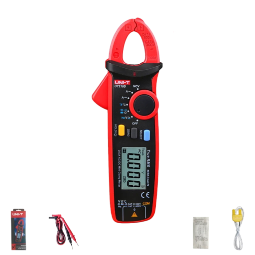 Klešťový multimetr UNI-T UT210D mini True RMS 200 A AC DC NCV-vel és hőmérsékletméréssel, piros-fekete, villanyszerelőknek és autószervizeknek