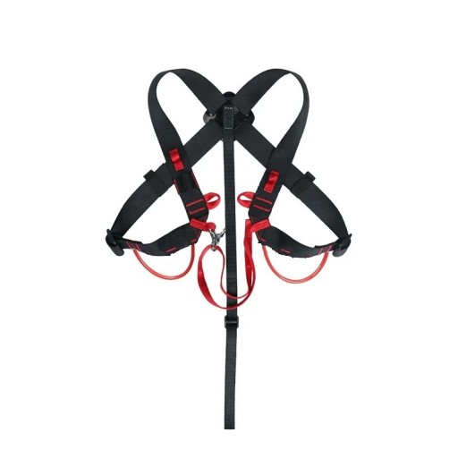 Klettergeschirr mit gekreuzten Riemen auf dem Rücken, unterem Verbindungsgurt und vorderen Ösen. Verstellbar an Schultern und Taille. Für das Klettern.
