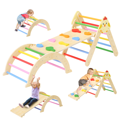 Kleurige opvouwbare klimtoestel voor kinderen met een boogladder van 76,5 cm en een plank van 90 cm met grepen om te klimmen en een gladde glijbaan, draagvermogen 50 kg