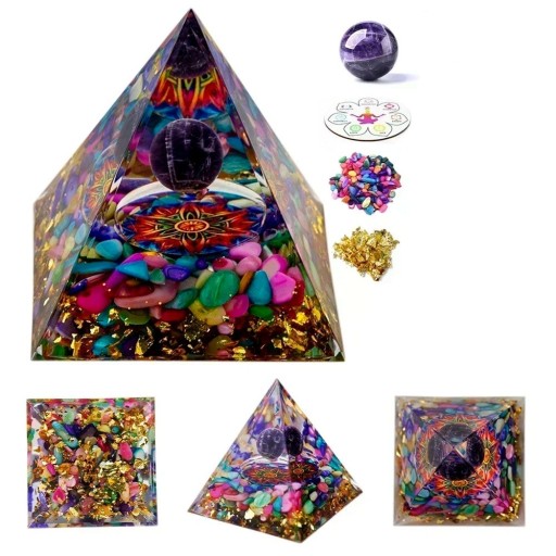 Kleurrijke energiepiramide met amethist 5x5 cm Kristaldecoratie met gemalen agaat Chakrabal Gouden vlokken Reiki-harmonisatie