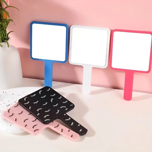 Kleurrijke handspiegel met vierkant oppervlak, hoge definitie spiegel met plastic handvat, make-up- en wimperstool