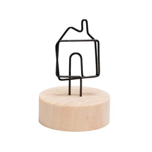 Klip na fotografie domeček 7–8 cm kov dřevo černý stojánek na fotky dekorace do interiéru držák na snímky a poznámky