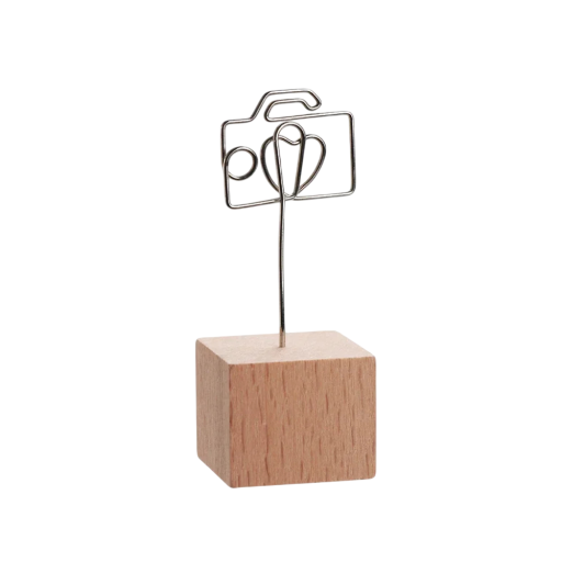 Klip na fotografie fotoaparát kov dřevo černý stojánek na fotky a poznámky dekorace do interiéru držák na snímky s podstavcem