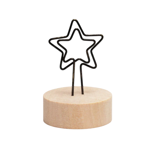 Klip na fotografie hvězda 7–8 cm kov dřevo černý stojánek na fotky a poznámky dekorace do interiéru držák na snímky
