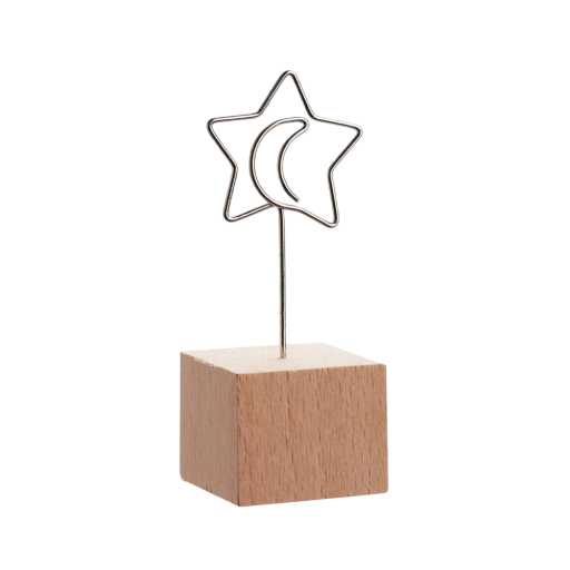 Klip na fotografie hvězda s měsícem kov dřevo černý stojánek na fotky a poznámky dekorace do interiéru držák na snímky