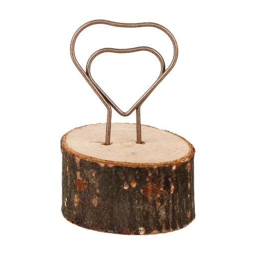 Klip na fotografie srdce kov dřevo hnědý rustikální stojánek na fotky a poznámky dekorace do interiéru držák na snímky s podstavcem