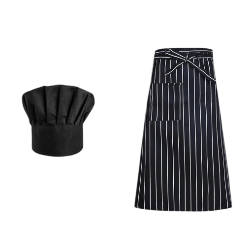 Kokkehue og forklæde med stribet design og bindebånd polyester arbejdstøj til køkkenet til madlavning gastronomi