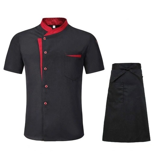 Kokkesæt bluse kortærmet knapper ståkrave forklæde lomme bomuld polyester arbejdstøj til køkken gastronomi