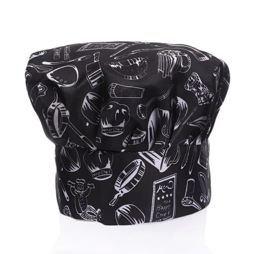 Koksbuis 22 cm met keukenmotieven zwart wit katoen polyester lage snit werkhoofdbedekking voor de keuken