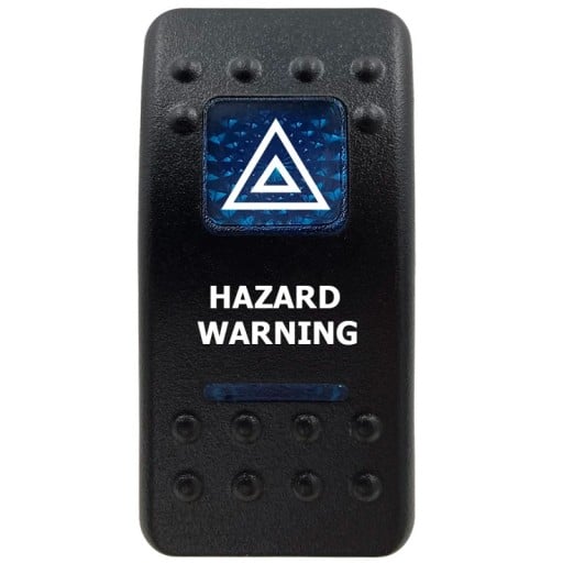 Kolbebryder HAZARD WARNING enpolig vandtæt 12V med blåt LED bagbelysning, sort ON/OFF kontakt til advarselslys i bil og 4x4